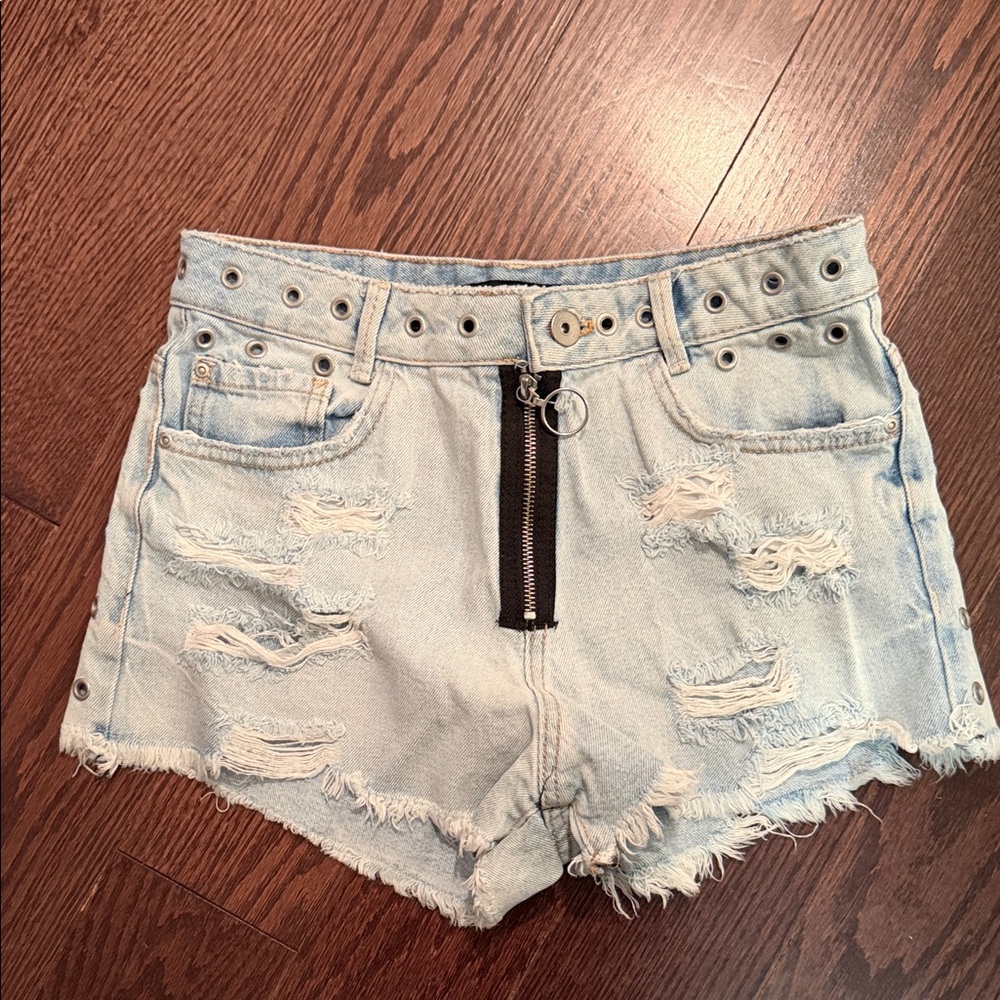 Zara Light Blue Distressed Denim Shorts with Front Ring-Zip